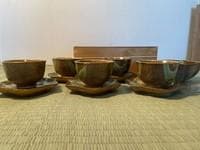 織部焼「織部流し」　（茶菓揃　彩堂窯彩杢作）