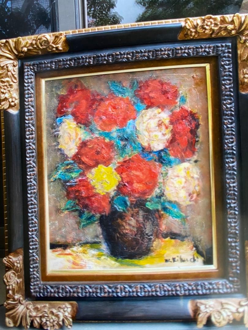 絵画　油彩画　油絵　F8 「2色のバラ」パリ　菊地正則　豪華　美品　額付き