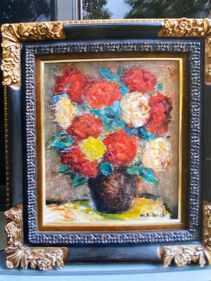 絵画　油彩画　油絵　F8 「2色のバラ」パリ　菊地正則　豪華　美品　額付き