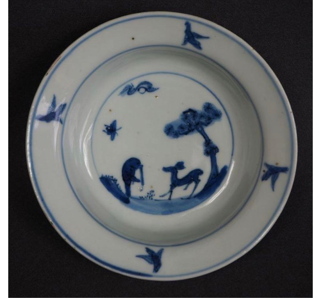 送料無料　明時代　鹿図染付平碗５客　本物保証　中国古玩