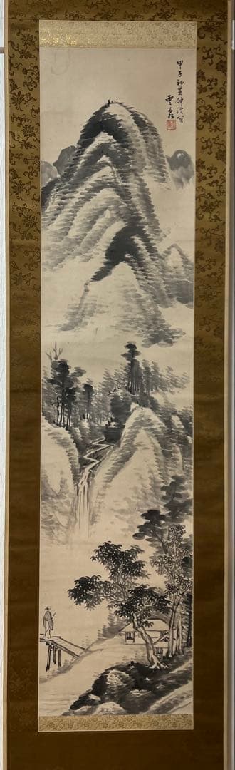 掛け軸　釧路雲泉［觀瀑図］江戸時代の南画家 共箱 紙本 日本画！