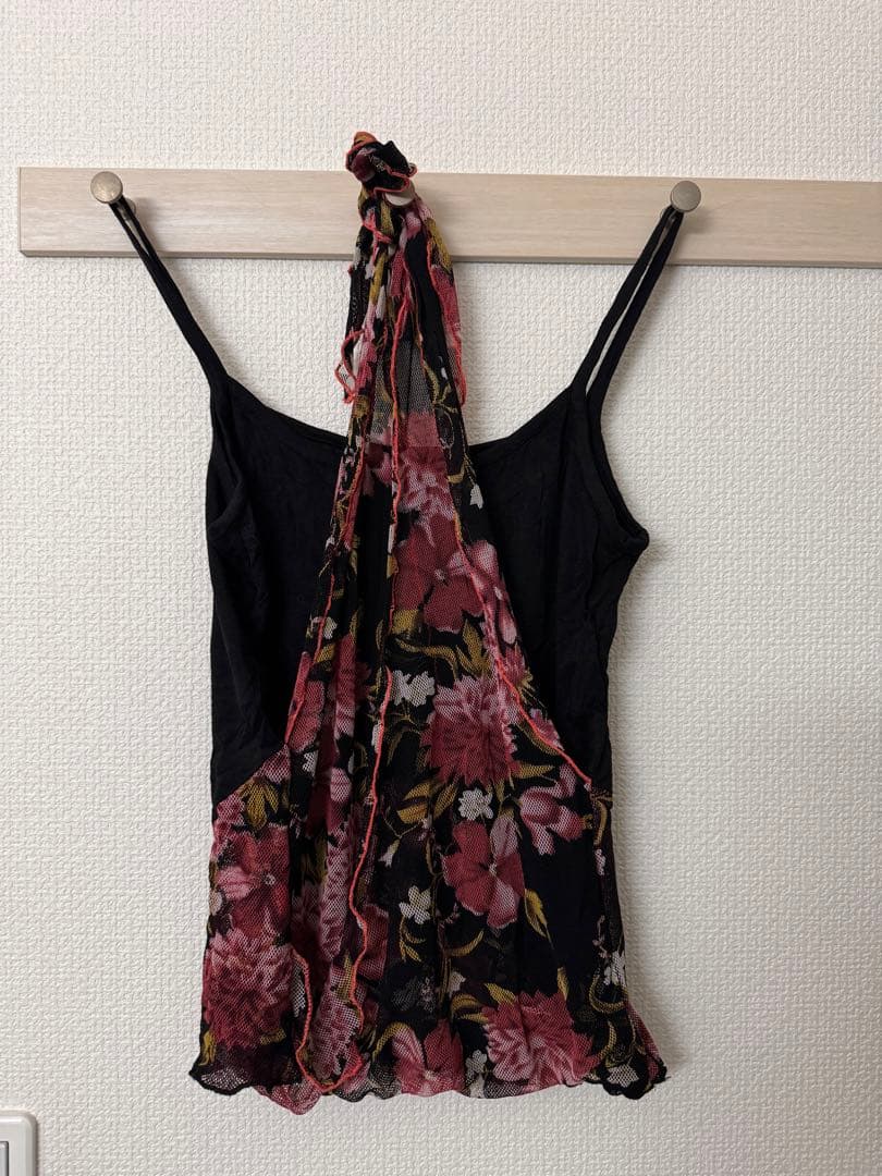 社交ダンス　上下セット　黒とピンクの花柄フレアスカート　Lサイズ