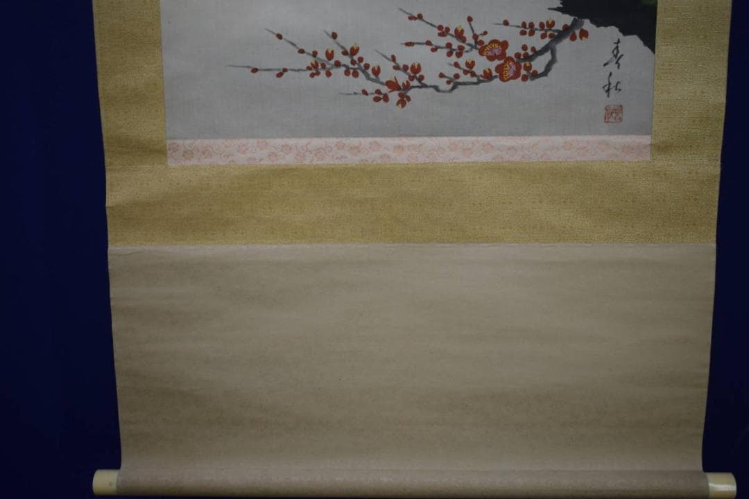 真作/春秋/紅白梅鴬図/鶯/花鳥図/布袋屋掛軸HJ-963