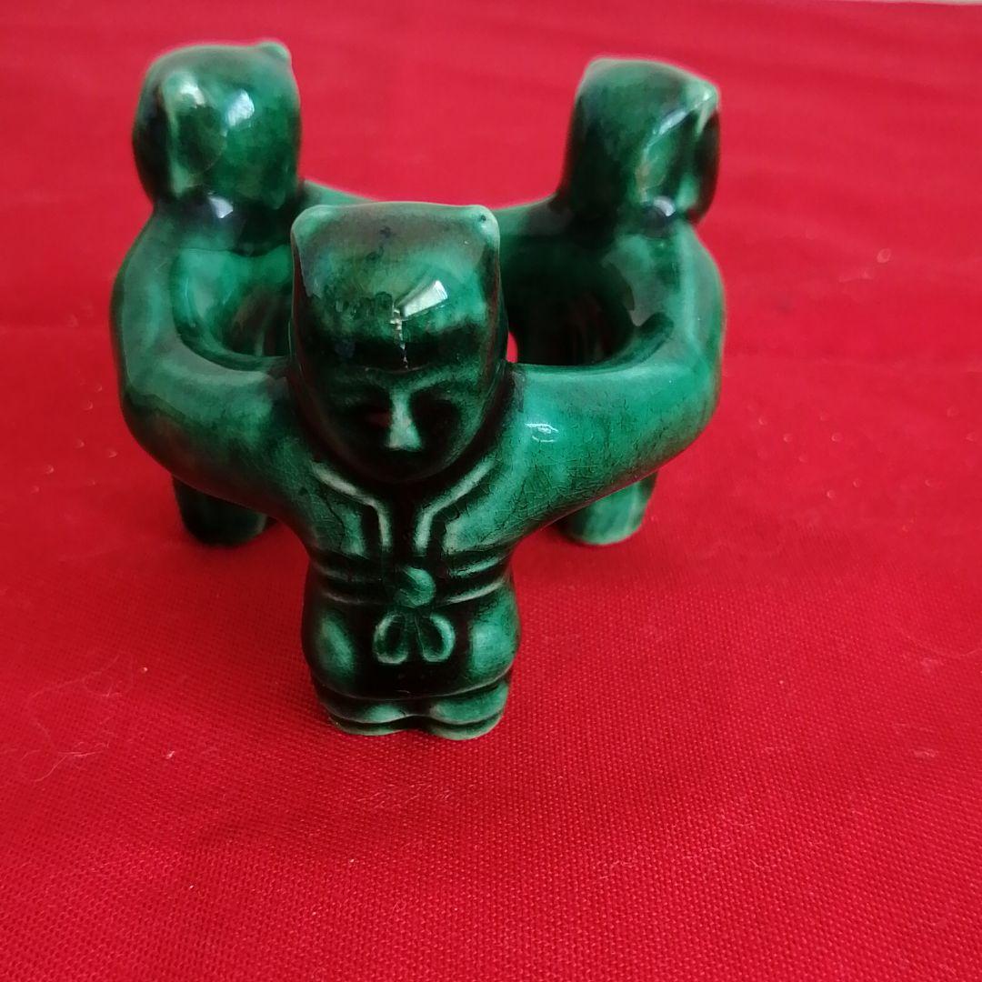 蓋置　交趾焼　三つ人形　岳陵作　桐箱入り