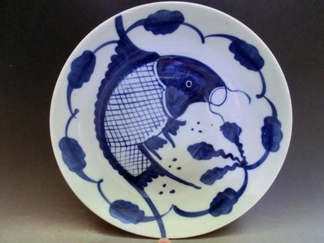 皿■支那染付鯉紋 清時代中期 飾り皿 魚皿 古玩 唐物 中国 時代物 骨董品■