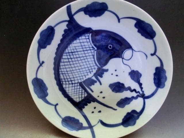 皿■支那染付鯉紋 清時代中期 飾り皿 魚皿 古玩 唐物 中国 時代物 骨董品■
