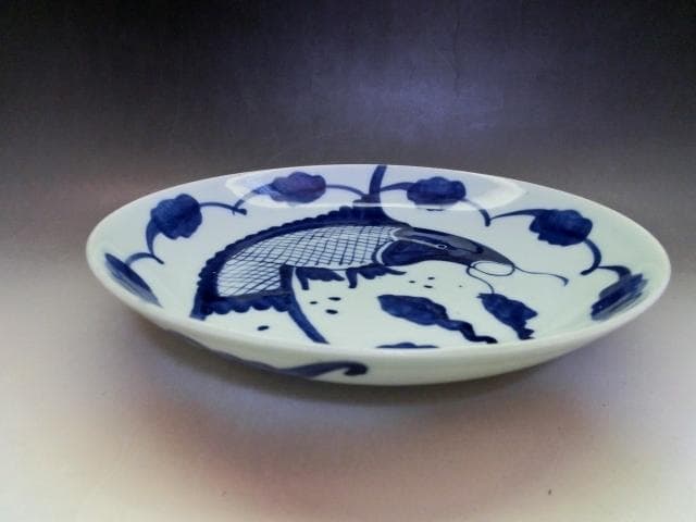 皿■支那染付鯉紋 清時代中期 飾り皿 魚皿 古玩 唐物 中国 時代物 骨董品■