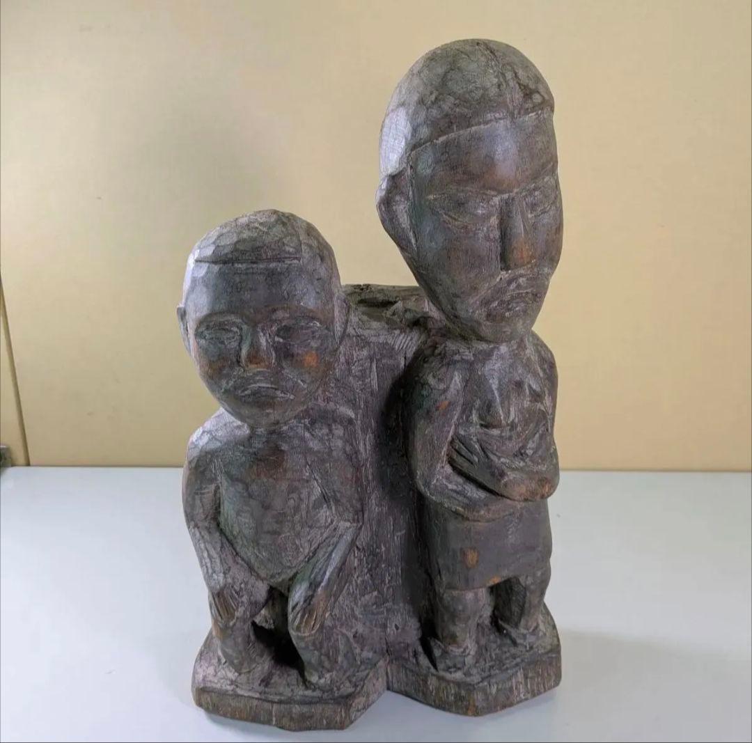夫婦　置物　木彫り　民族　一刀彫　オブジェ