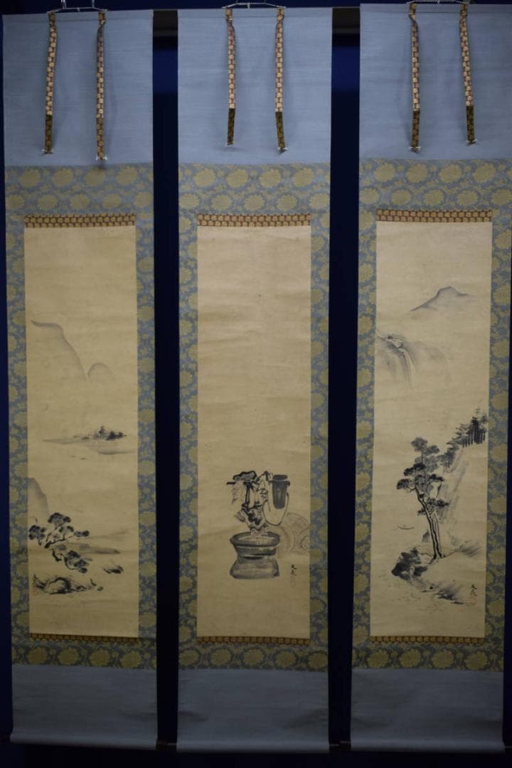 模写/谷文晁/寿老人山水図/絹表装/三幅/布袋屋掛軸HG-37
