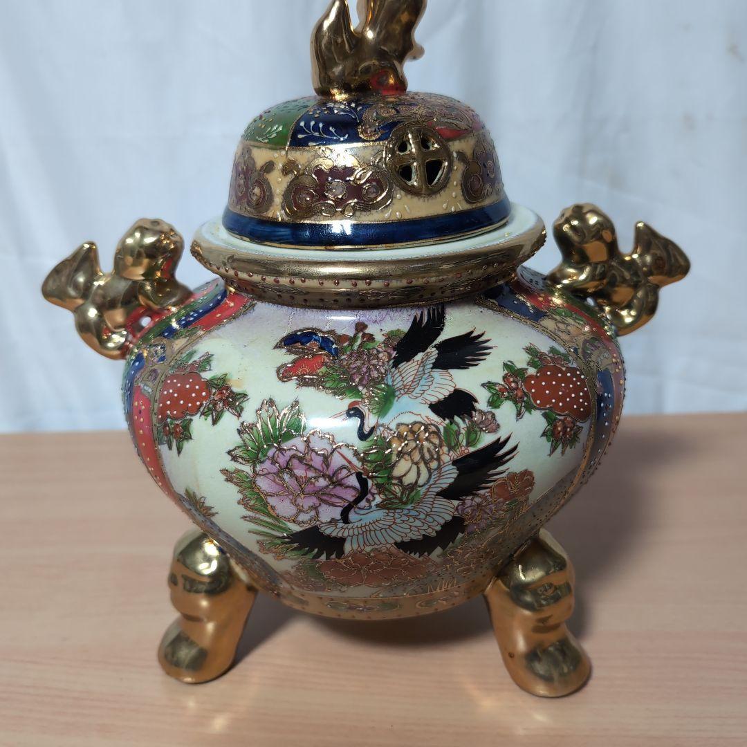 陶器製 香炉 鶴と花のデザイン