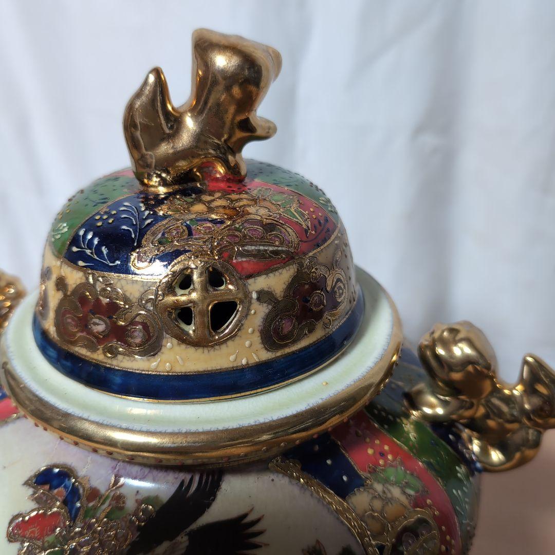 陶器製 香炉 鶴と花のデザイン