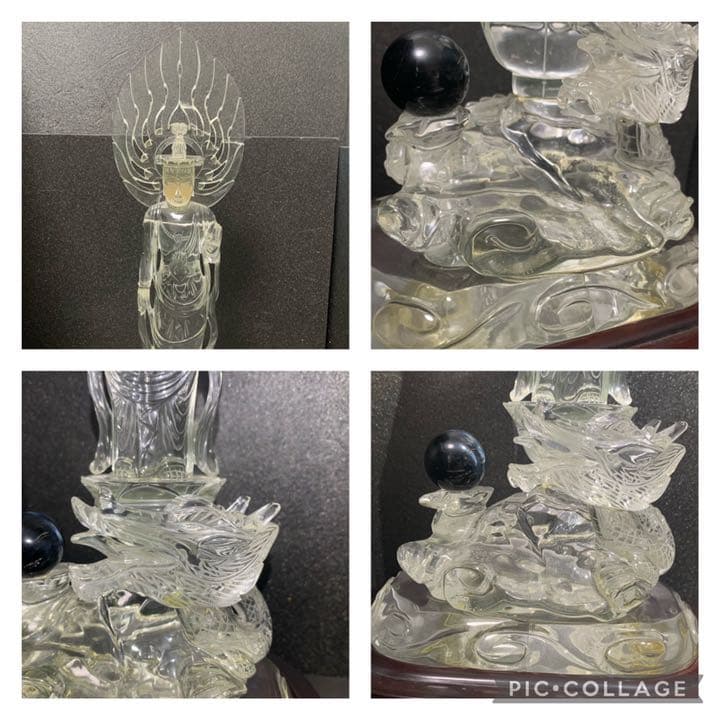 天然水晶　クリスタル　観音菩薩像　龍頭観音　台座付　クオーツ　仏教美術　オブジェ