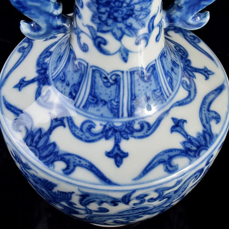 中国　景徳鎮製　青花　龍花文　双耳瓶　一對　D　R5075