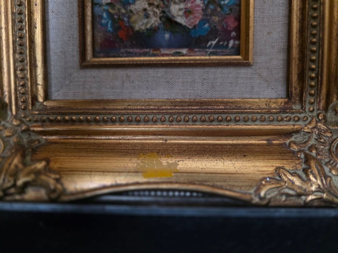 アンティーク　油絵　花束の油彩画 金色フレーム