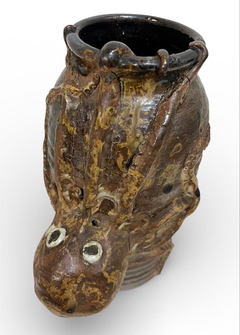 稀少珍品☆蛸彫刻付き 古い花瓶 陶器焼物 作家在銘 詳細不明 約30cm