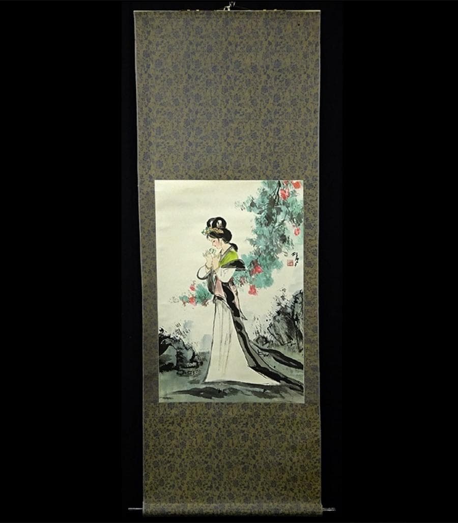 掛軸 胡夢『仕女図 美人』中国画 紙本 肉筆 箱無し 掛け軸 w061117