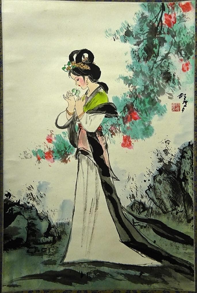 掛軸 胡夢『仕女図 美人』中国画 紙本 肉筆 箱無し 掛け軸 w061117