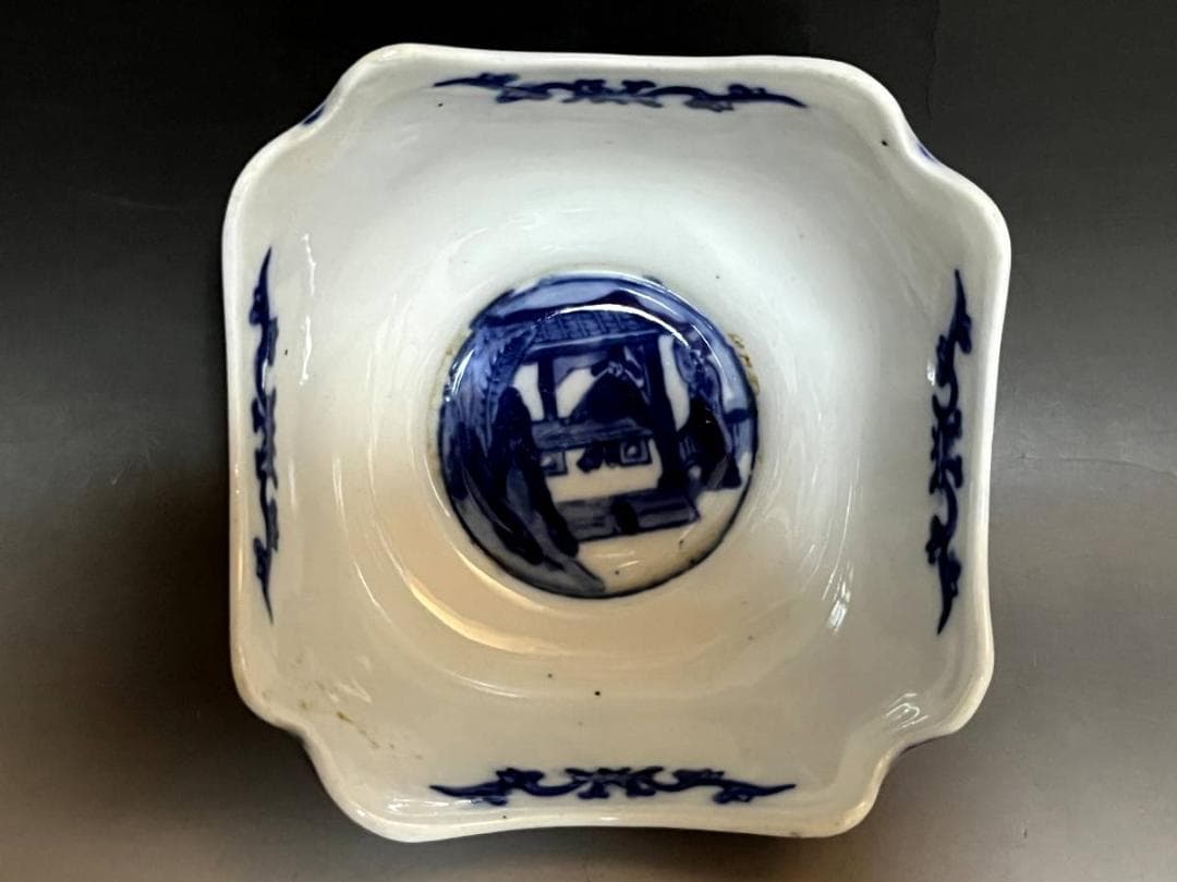 鉢■染付 唐人 窓人物絵 年号印有 ベロ藍 古玩 中国 古美術 時代物 骨董品■