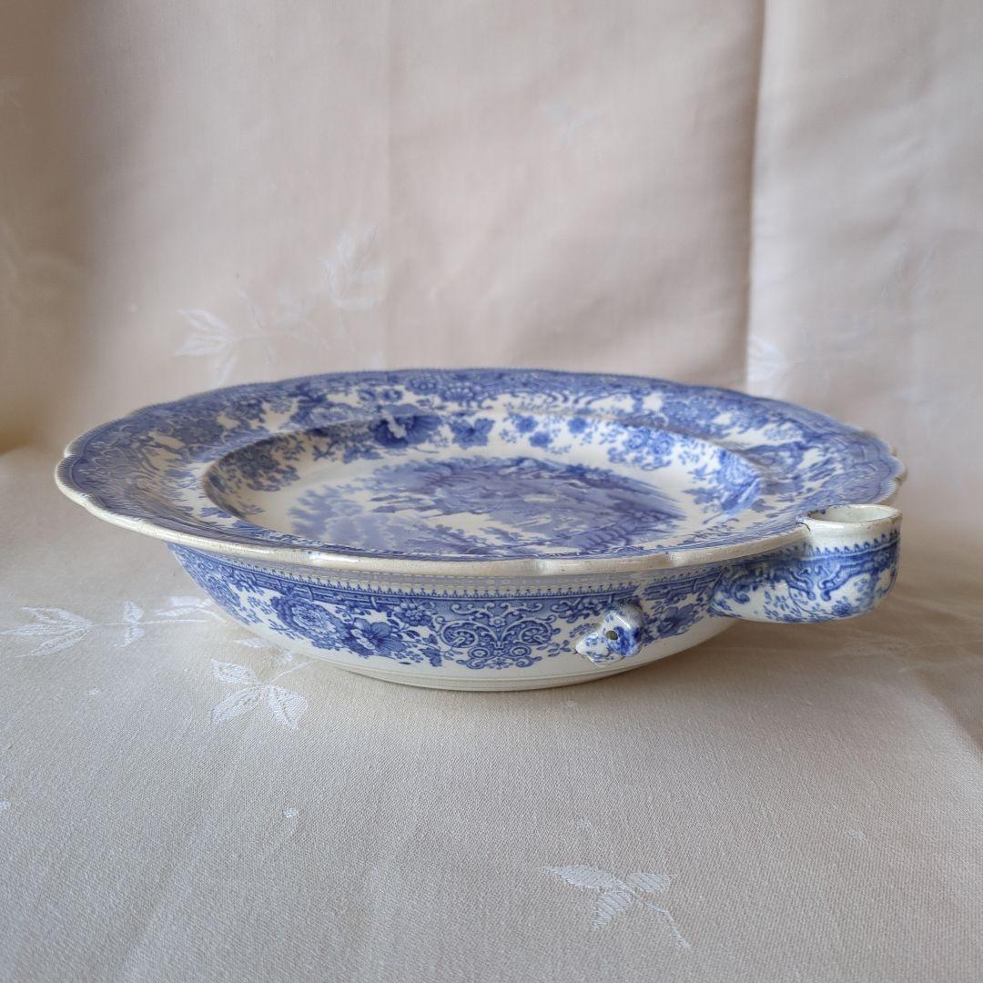 イギリスアンティーク 保温プレート ブルー＆ホワイト 19世紀