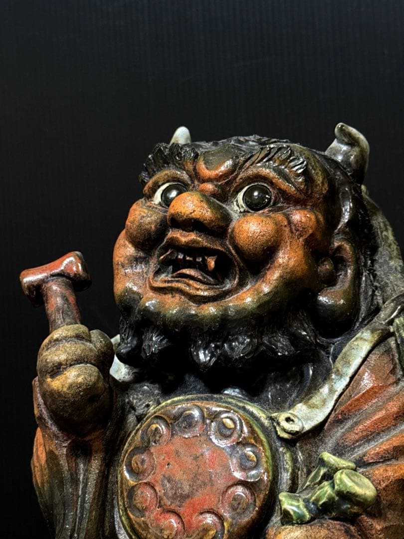 名人 三平 造 陶製 極上彩色手捻 鬼の寒念仏 大津絵 置物