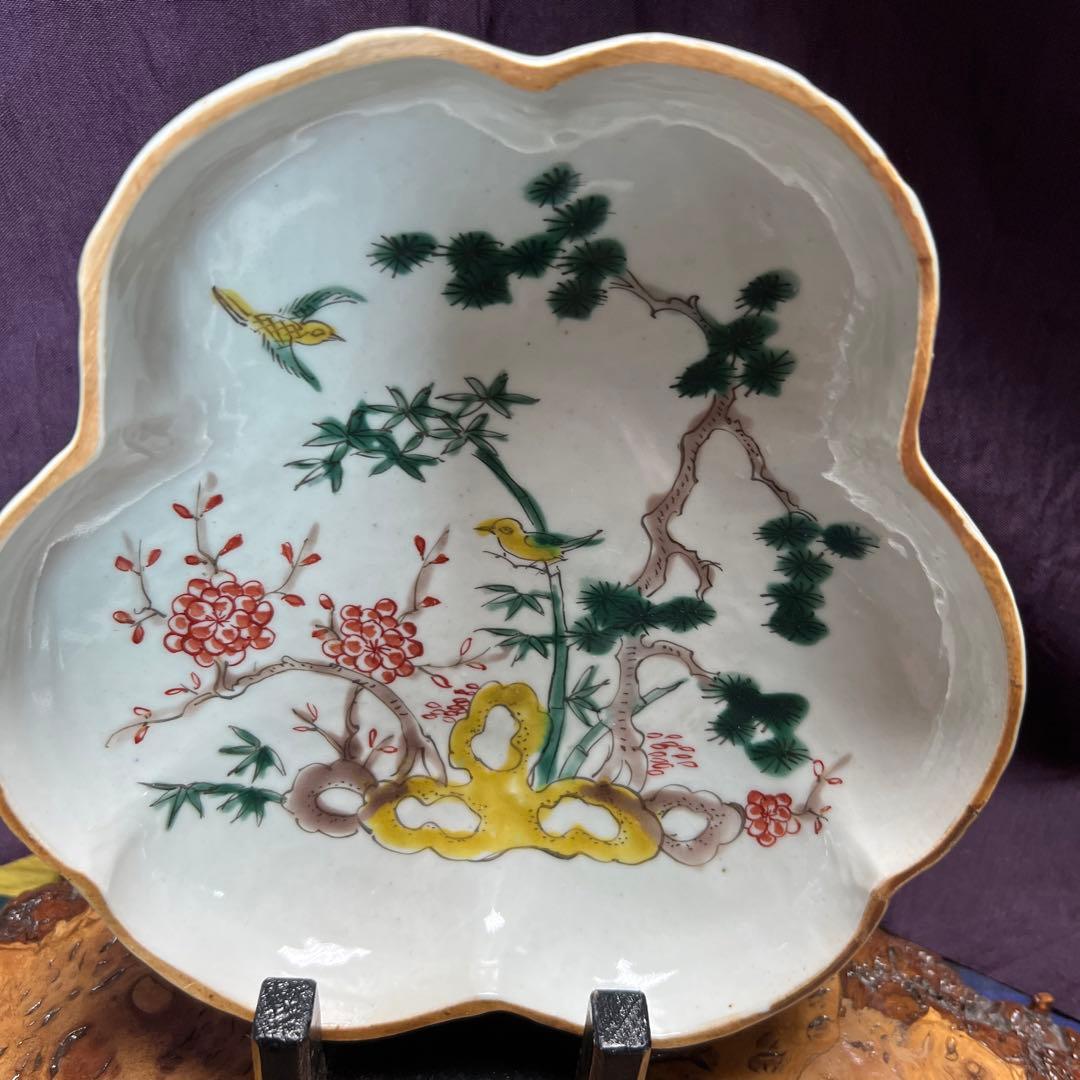 古九谷五彩手花鳥松竹文口紅　手捻り　柿右衛様式　江戸時代　合箱　美品