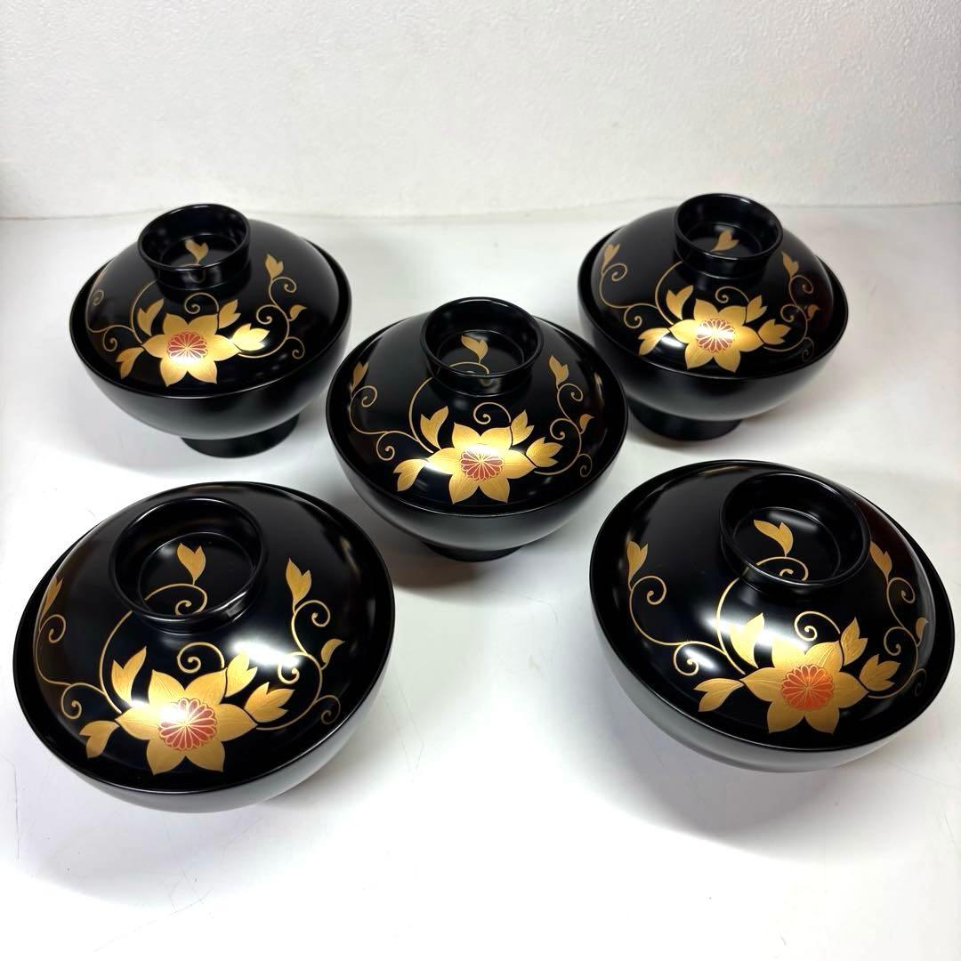 【未使用】　輪島塗　鉄仙蒔絵付 吸物椀五客　木箱付 送料無料