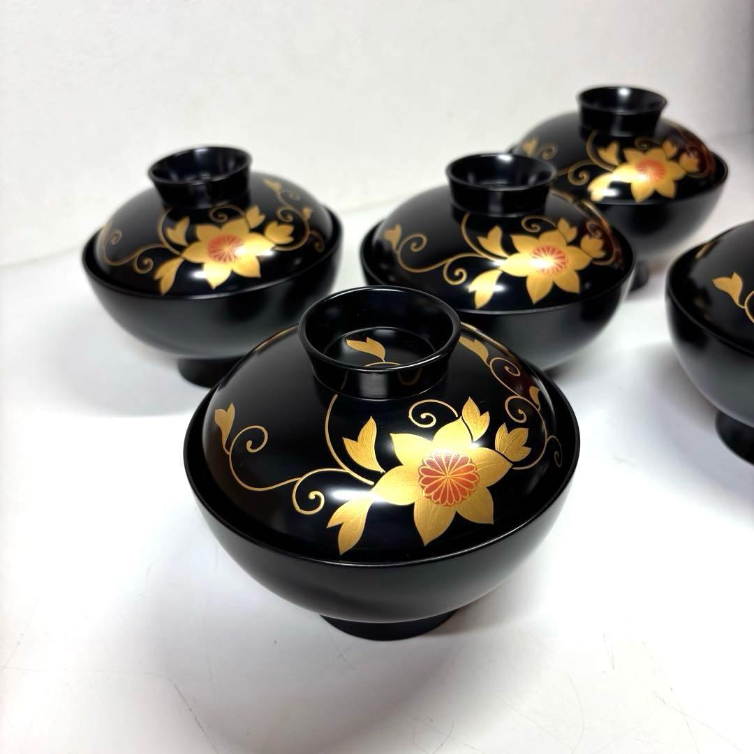 【未使用】　輪島塗　鉄仙蒔絵付 吸物椀五客　木箱付 送料無料