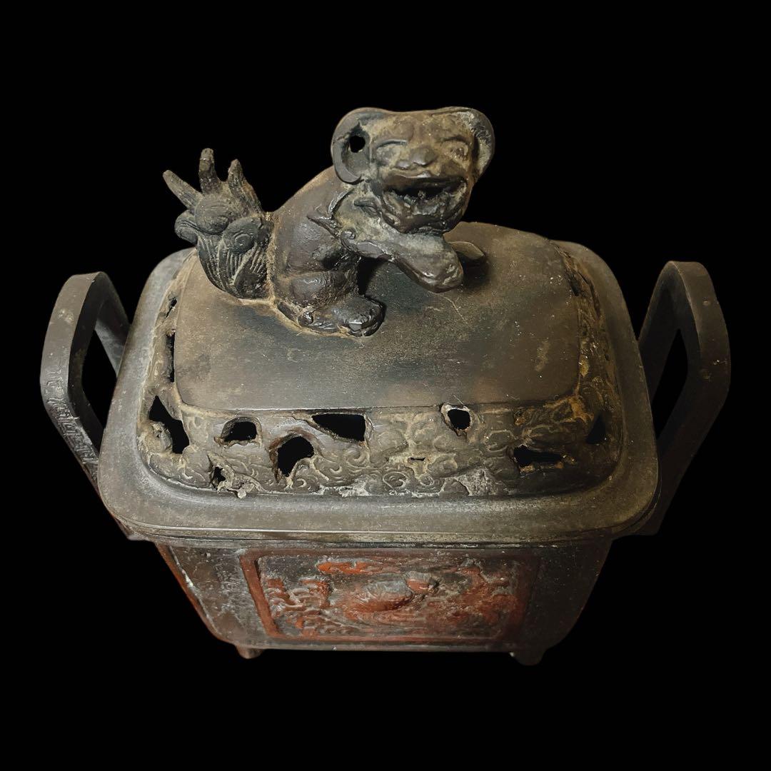 大日本文政年整珉 銅製 獅子摘み 耳付 香炉 香道具獅子 村田整珉