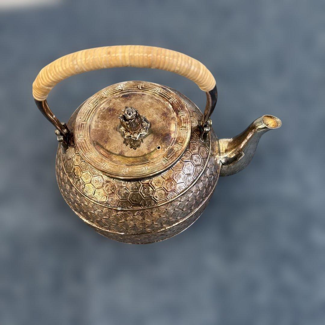 純銀製 金蘭模様彫 蕾摘 湯沸 銀瓶 工芸品 美術品 煎茶道具