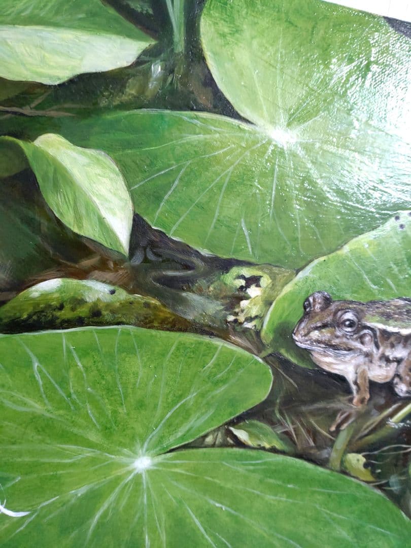 蛙の油絵【静かな一歩】1点物の原画◆作者サイン入り◆F4号キャンバス油絵