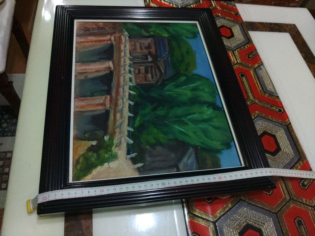 寺内萬治郎　油彩画　「鉄道」　真贋不明　かわいい風景画　良い感じの額装