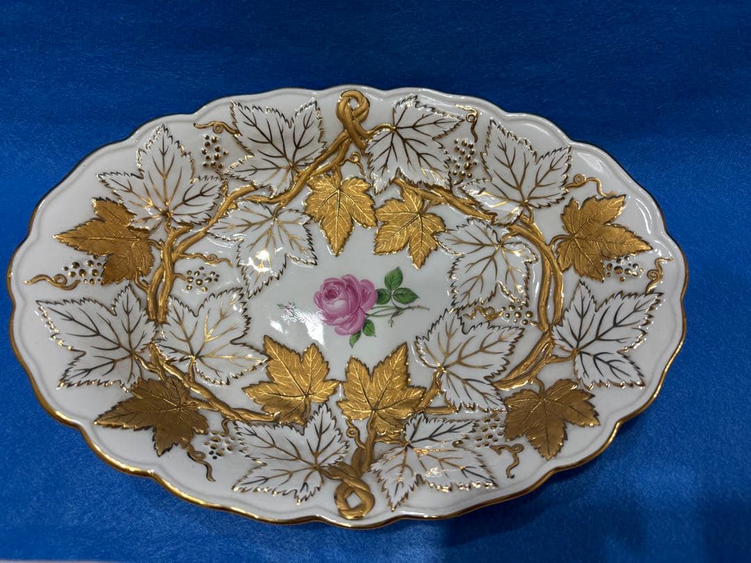 マイセン　グランツゴールドレリーフ皿　ピンクローズ　一級品　アンティーク　希少品
