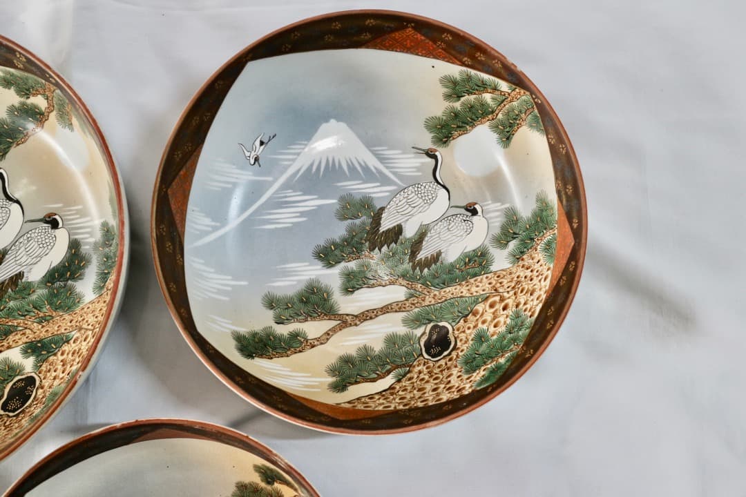 古九谷 九谷焼 三ツ鉢 三ツ丼 三重鉢 重ね鉢 深鉢 鶴松図 富士 色絵