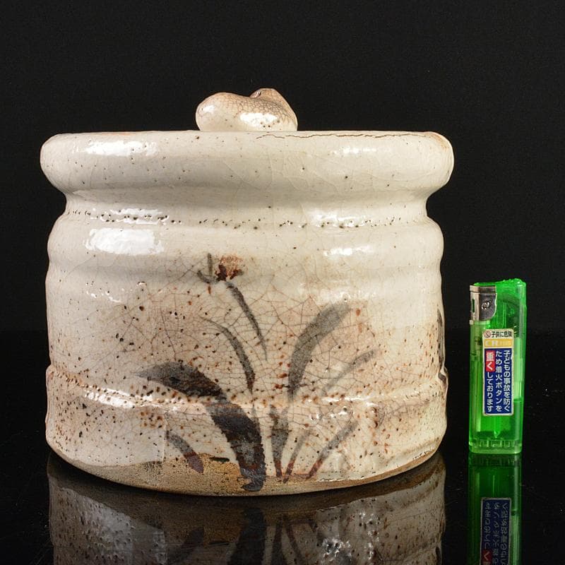 茶道具　志野焼　絵志野　鉄絵　花草文　水指　時代箱付　V　R6156B