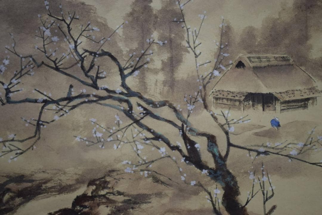 真作/明峰/桜/山水人物図/布袋屋掛軸HJ-11