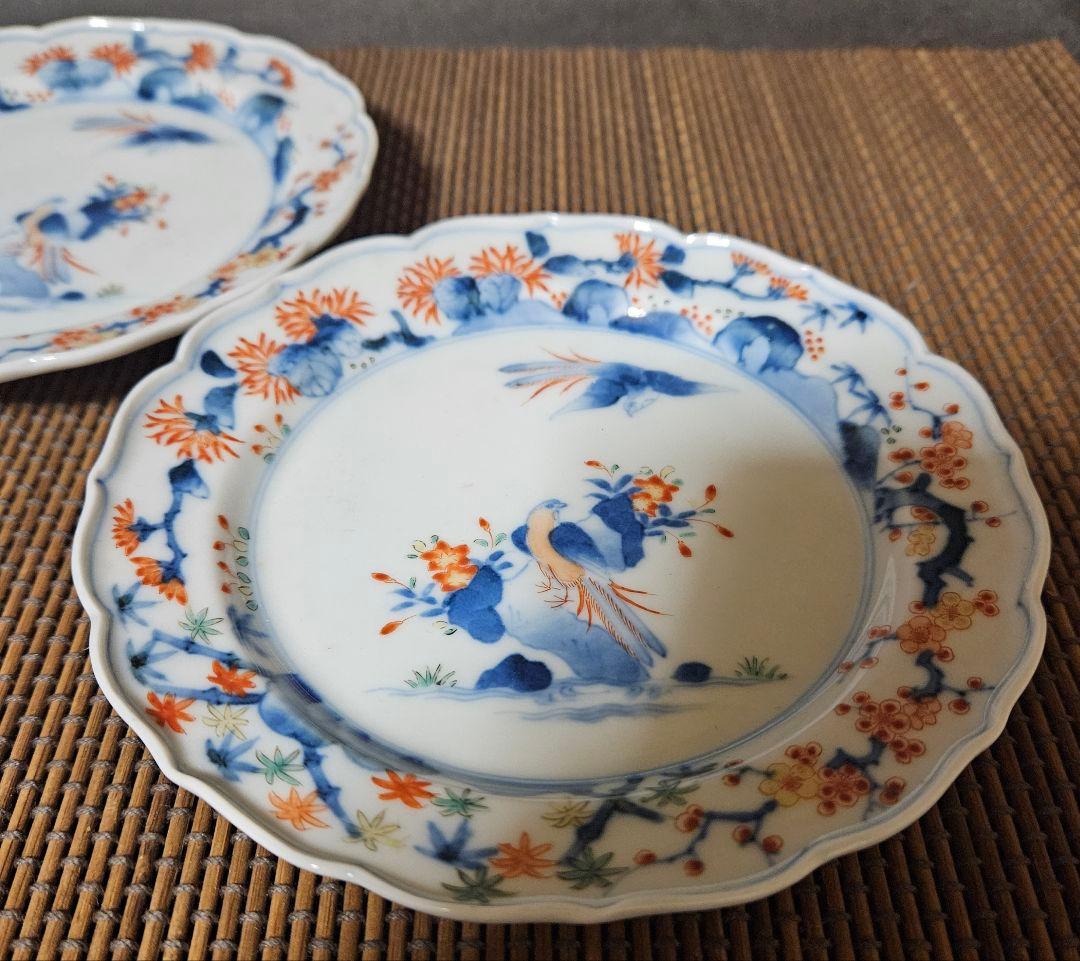 【名品❗】江戸時代後期　柿右衛門様式　染錦　双鳥に　梅花紅葉赤花図　輪花皿　2客