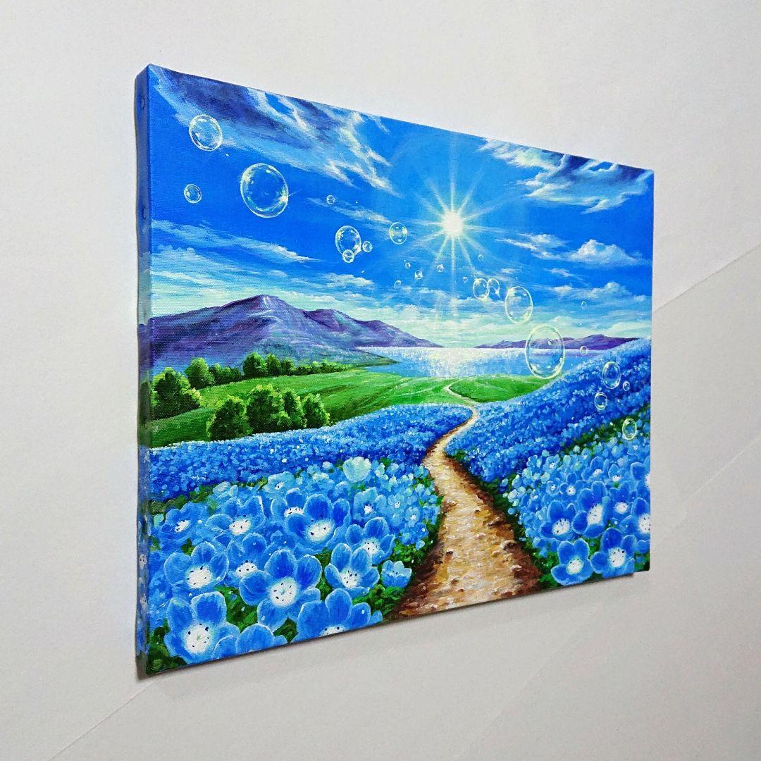 【ネモフィラが続く道】アクリル画 F6 風景画 絵画