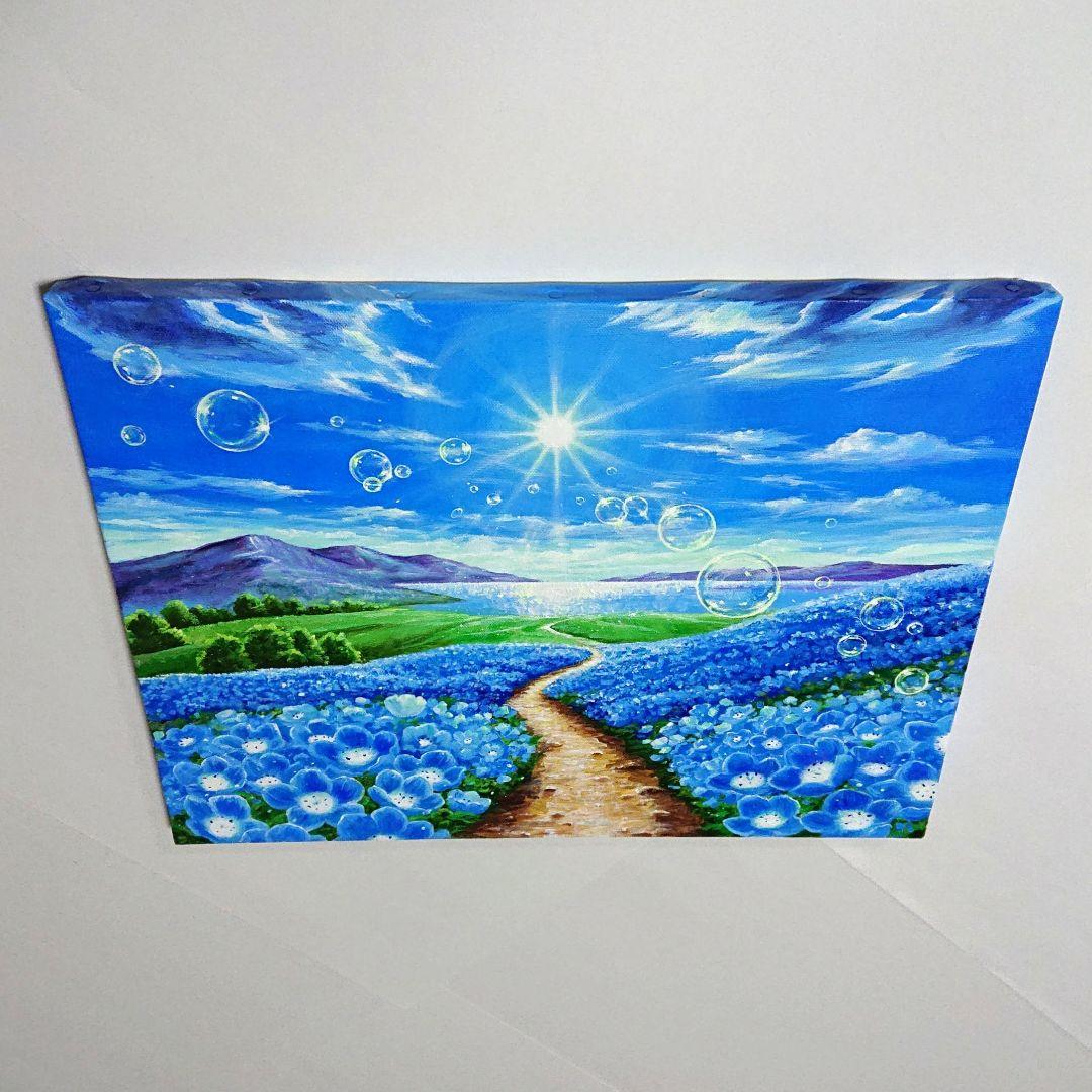 【ネモフィラが続く道】アクリル画 F6 風景画 絵画