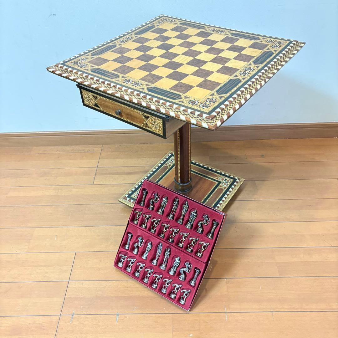 【希少レトロ・駒付属】アンティーク調 インテリア チェステーブル＆駒セット