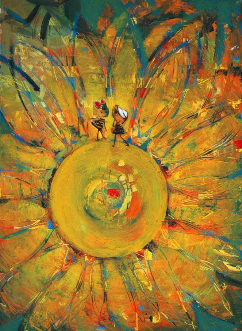 油絵 菅家令子絵 絵画インテリア額付(青緑＋金色の枠)F4-051120ひまわり