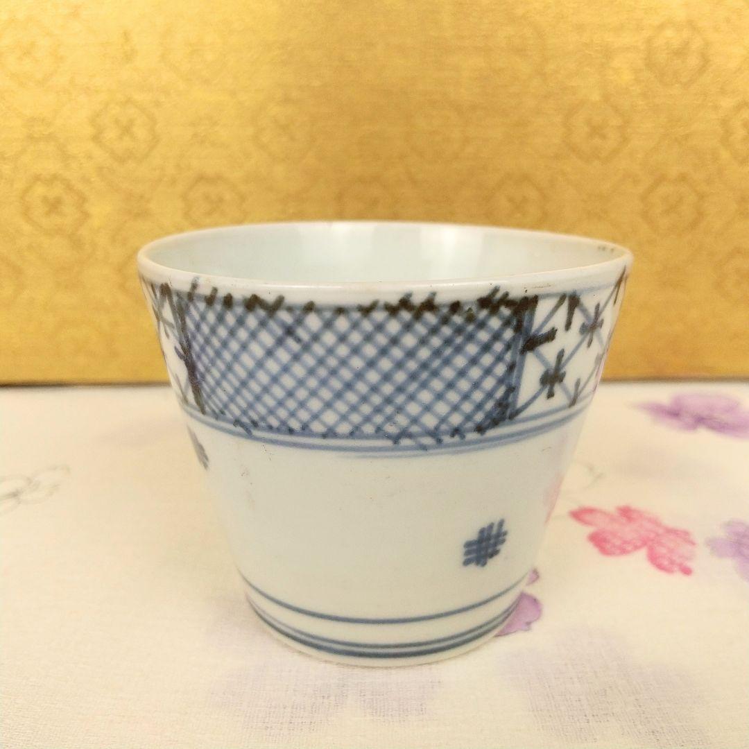 【お値下げしました！】古伊万里　そば猪口　染付　市松格子文