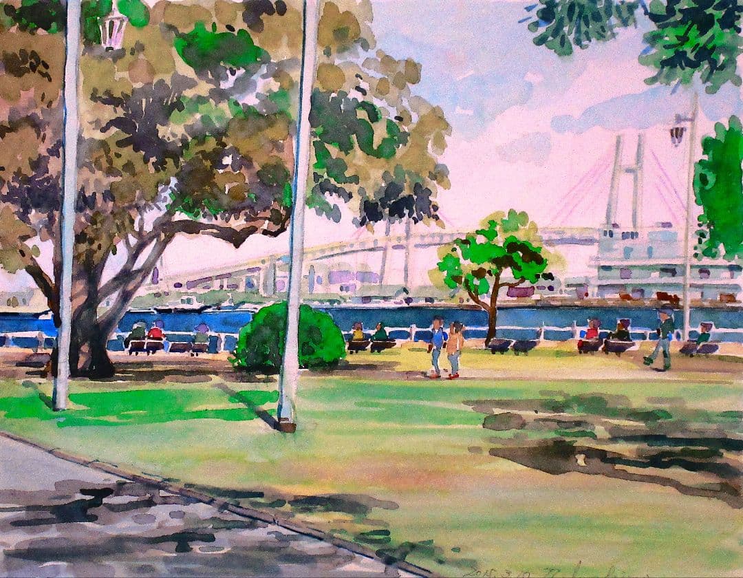 山下公園からベイブリッジの風景 水彩画 額装済み F6サイズ