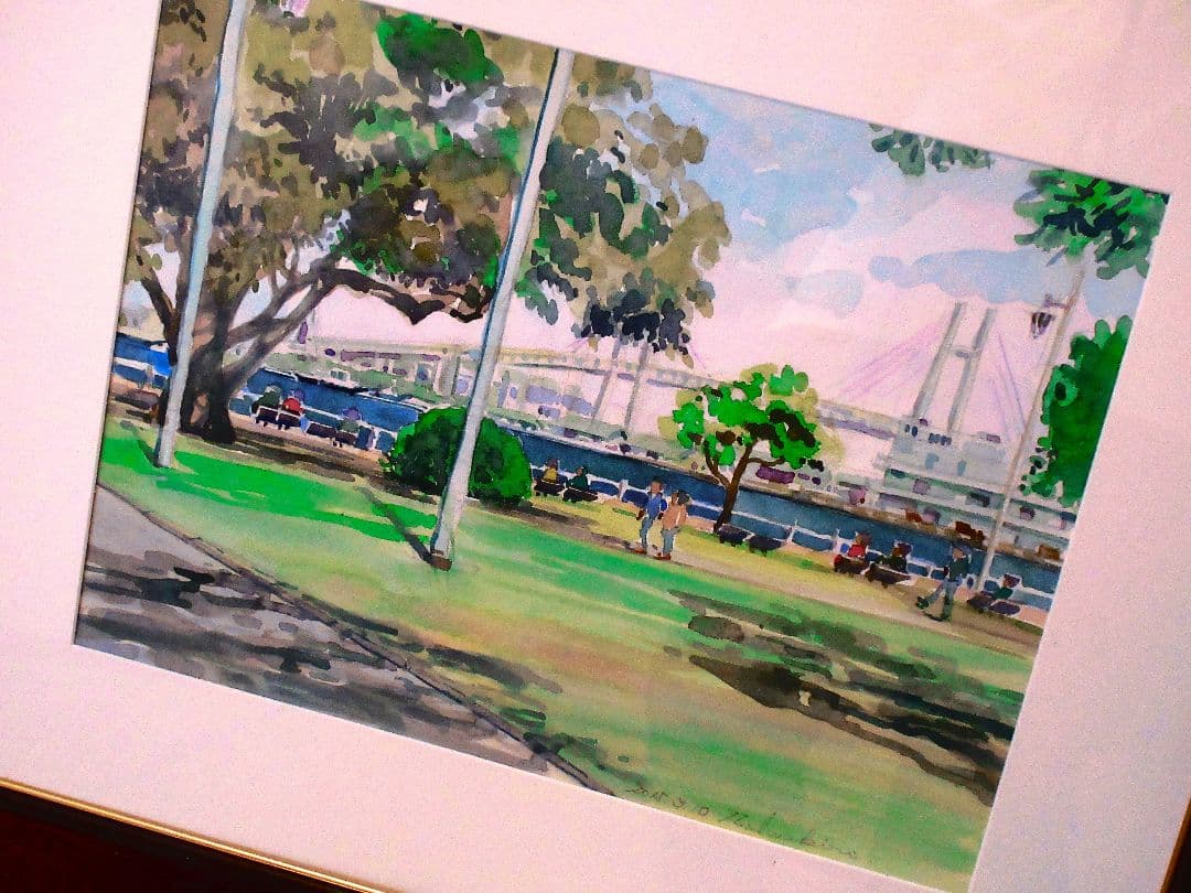 山下公園からベイブリッジの風景 水彩画 額装済み F6サイズ