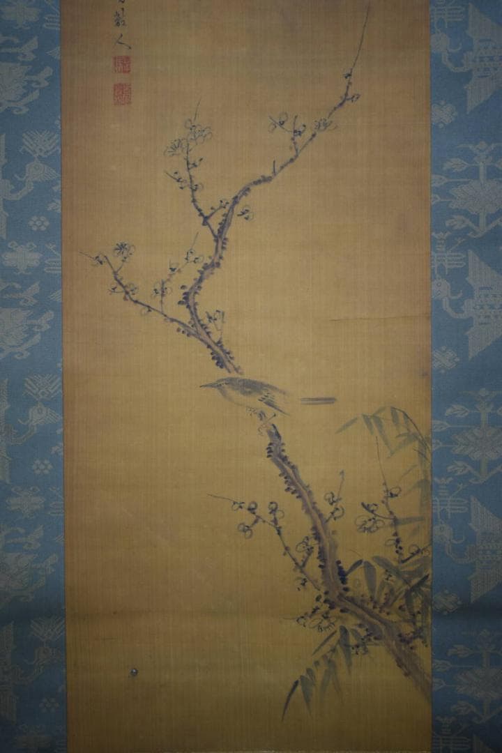 真作/田能村直入/小虎/梅に雀図/絹表装/布袋屋掛軸HG-81