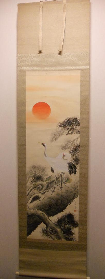 掛け軸 梅津春圃 老松双鶴 絹本 希少 軸装 茶道具 掛軸 美品 です。