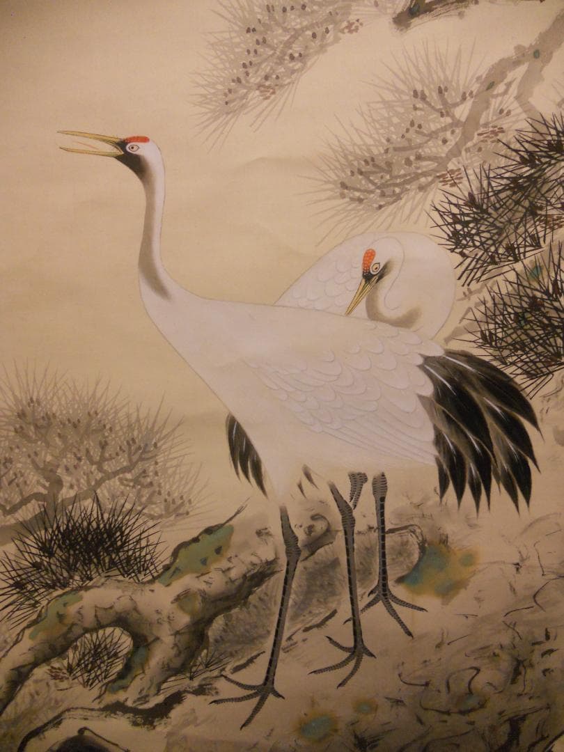 掛け軸 梅津春圃 老松双鶴 絹本 希少 軸装 茶道具 掛軸 美品 です。