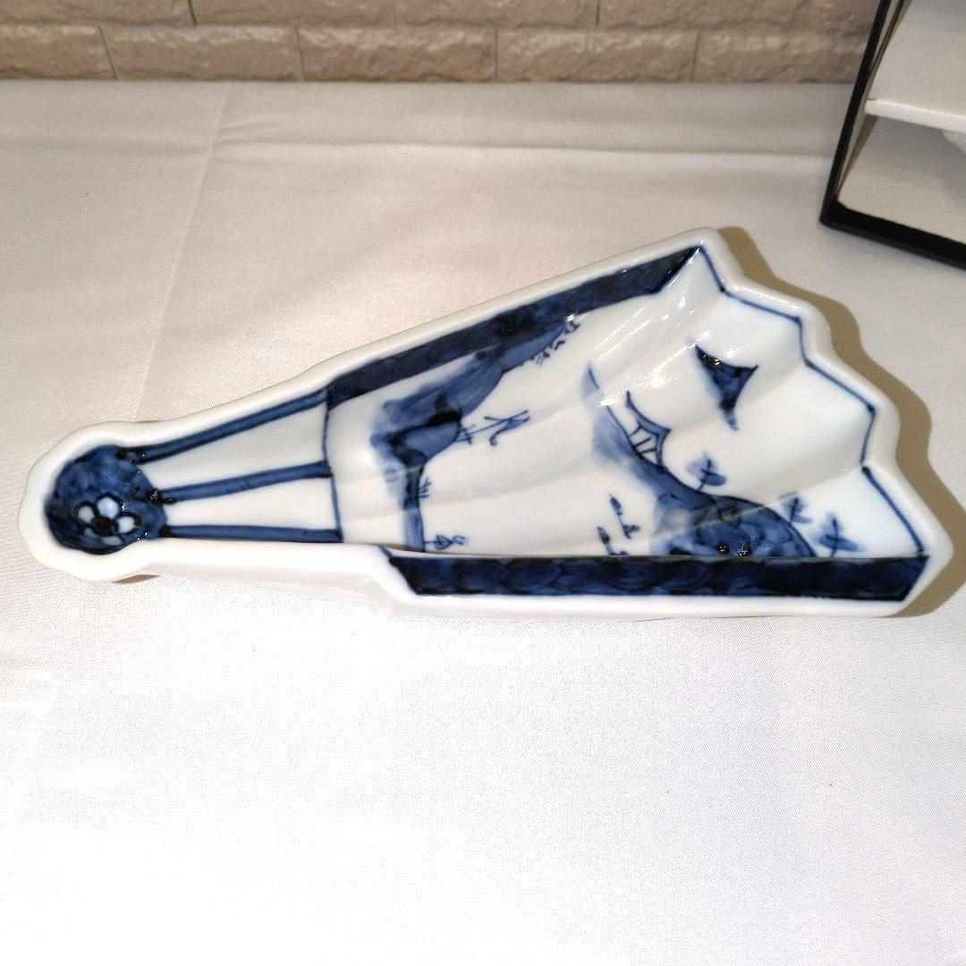 染付山水　半開扇　向付　青白磁　扇形皿　特選陶器５枚セット　箱入り