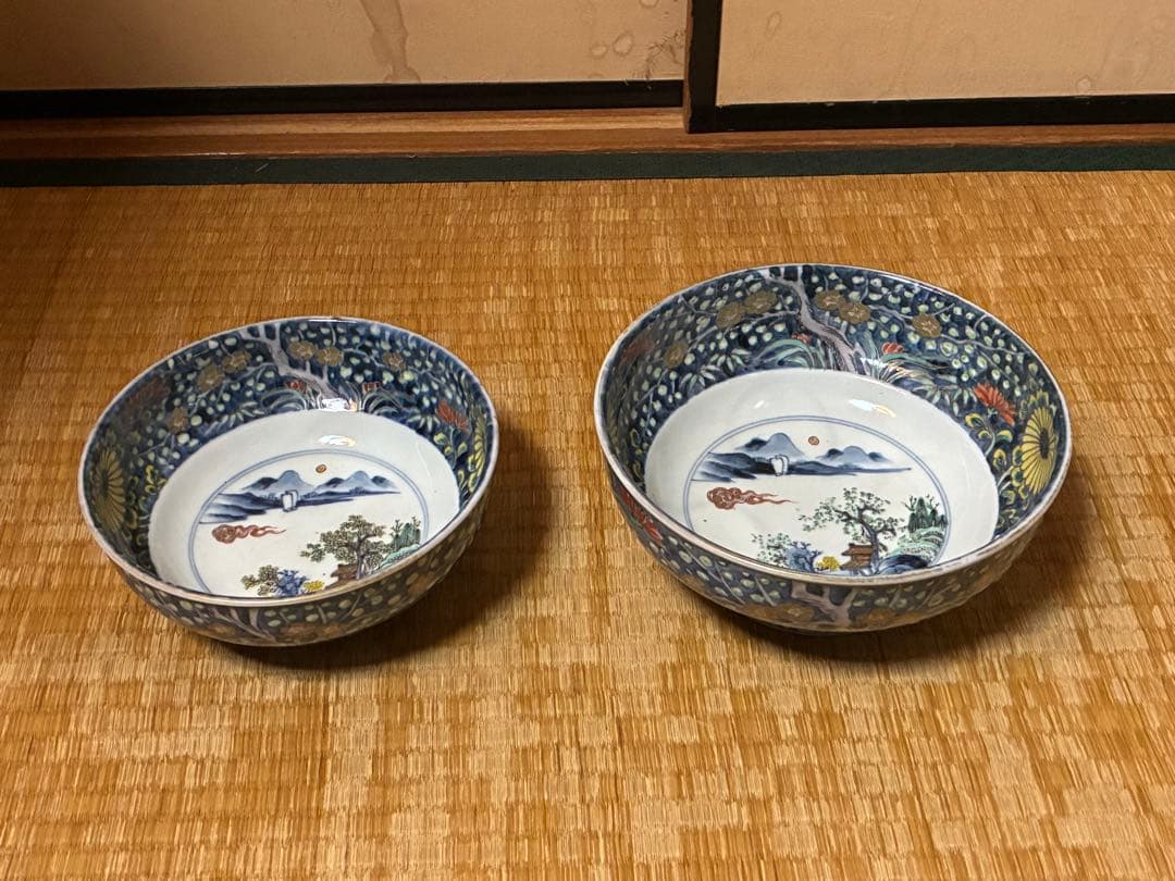 古伊万里 金彩 色絵 風景図 牡丹紋 深鉢 盛鉢 二点