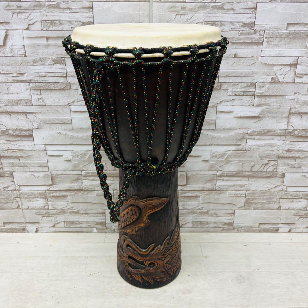 特大ジャンベ アフリカ民芸楽器 龍彫刻 木彫り