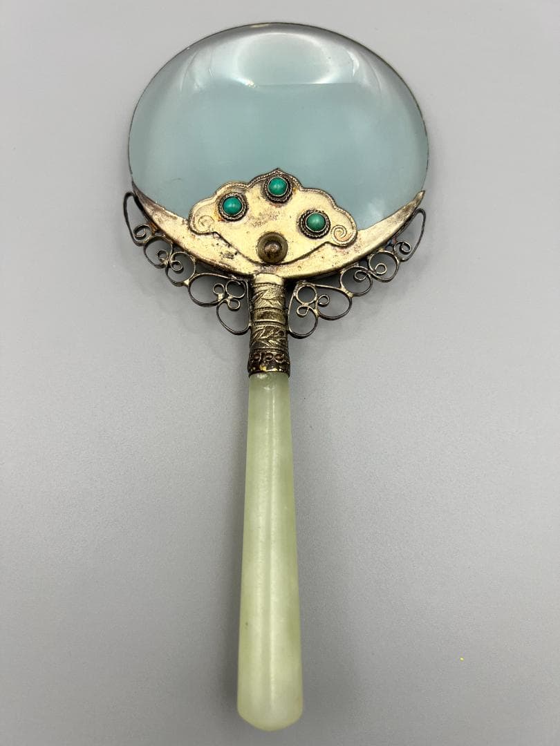 1900年代 ジェイドストーン ハンドル & シルバー フィリグリー 拡大鏡